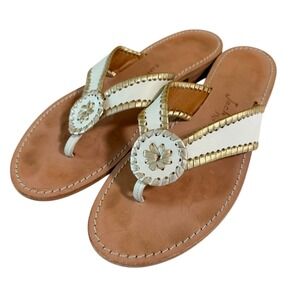 Jack Rogers Thong Sandals Size 11M White Gold Leather Whipstitch Preppy Beach